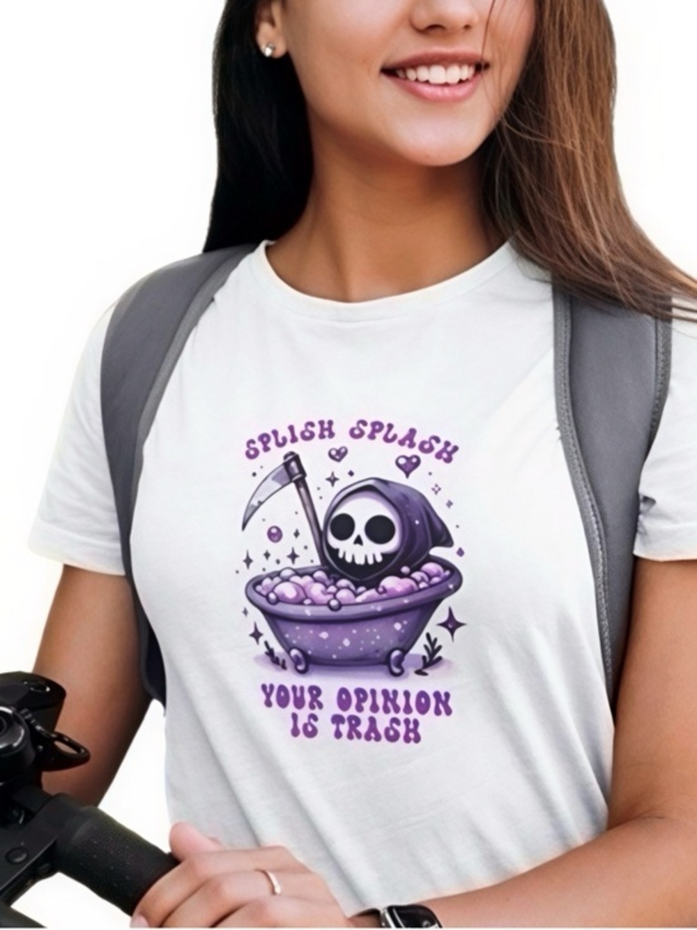 White Short Sleeve Graphic Print T Black & Purple Cute Reaper Splish Splash